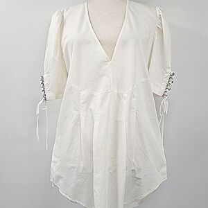Free People Tunic Cotton Deep Vneck Top Side Pockets & Grommet Tie Sleeve Detail
